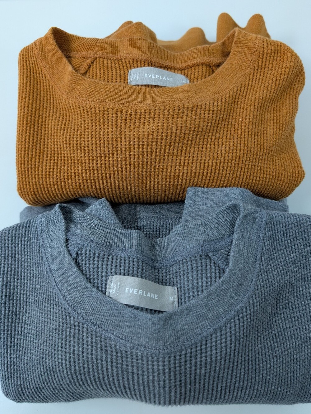 Everlane Waffle Knit Long Sleeve Crewneck Bundle - Heather Gray & Orange - M